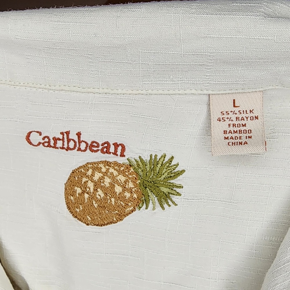 Caribbean Mens‎ Large Hawaiian Shirt White Silk rayon Floral Short Sleeve camp - Picture 4 of 5
